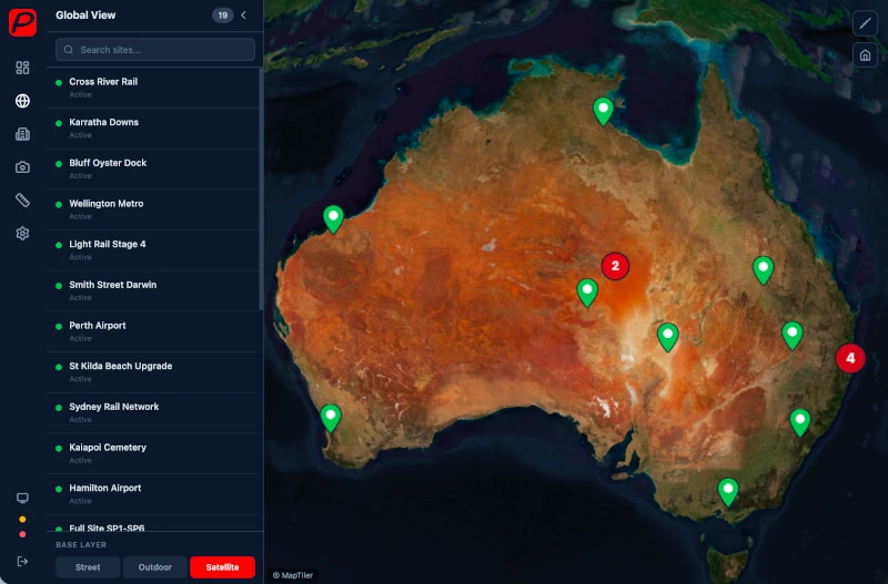 SiteView site register with status filters and search